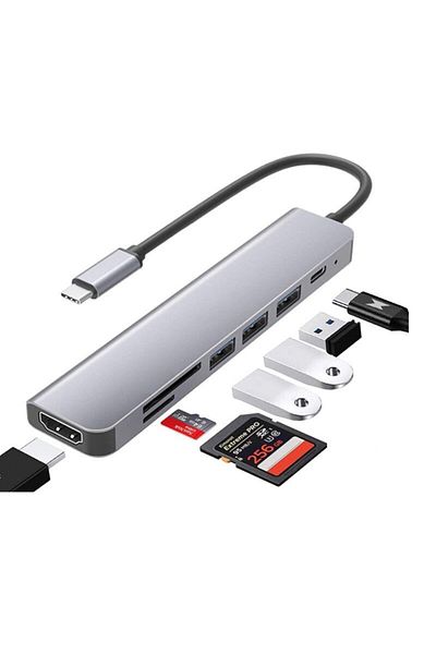Axeloni ® 7-in-2 USB-C Hub, 4K HDMI, USB 3.0, 2x USB 2.0, SD/TF, 100W PD, Gray