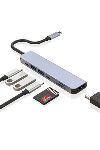 Axeloni ® 7-in-1 USB-C Hub, 4K HDMI, USB 3.0/2.0, Type-C PD 100W, SD/TF Card Reader, Gray
