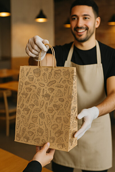 HDF PAZARLAMA 50 ADET Fastfood DESENLİ 29*15*29 KRAFT ÇANTA