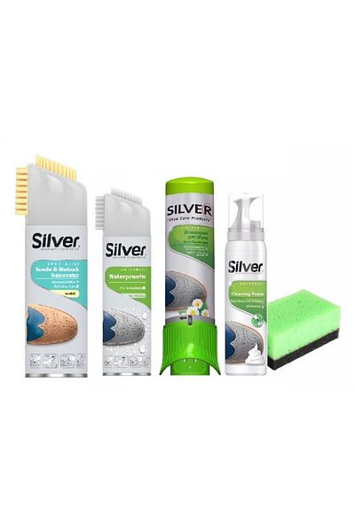 Silver Kit pentru încălțăminte nubuk/piele întoarsă: spumă, spray incolor, impermeabilizant, deodorant