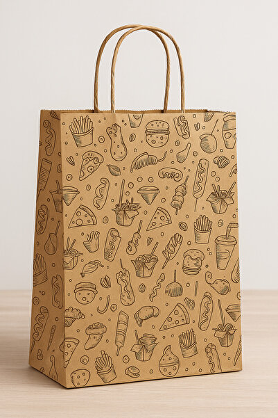 HDF PAZARLAMA 25 ADET Fastfood DESENLİ 29*15*29 KRAFT ÇANTA