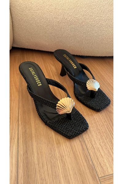 Eataly Shoes Flip Flops cu toc din coajă de midii din paie neagră