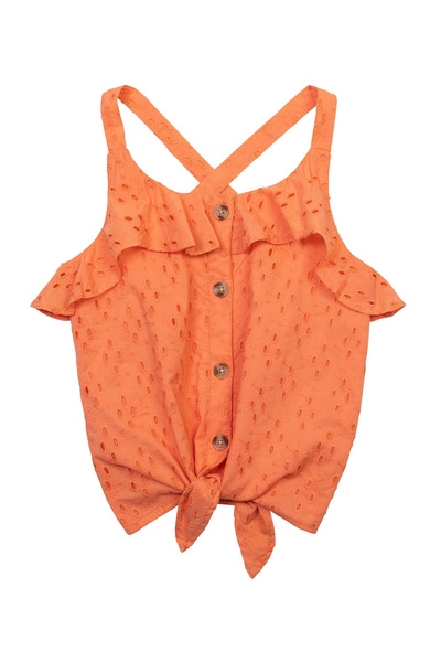 Minoti Broiderie Frill Tie Front Top - Coral