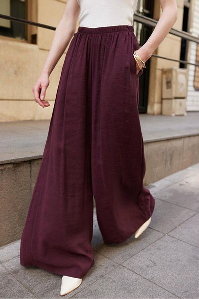 Stil Sepeti Pantaloni largi pentru femei Plum Premium Perry cu talie elastică, cu buzunare duble, PRY-100050979