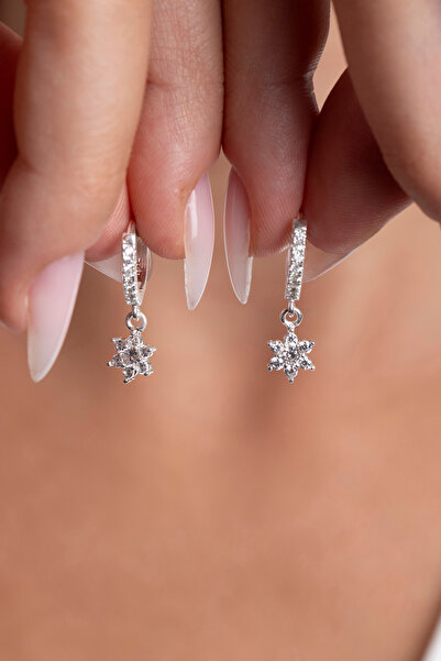 Elika Silver 925 Ayar Gümüş Sallantılı Zirkon Taşlı Lotus Küpe