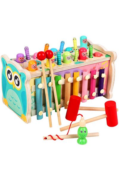 sallma Jucarie din lemn 4 in 1 Banc de lucru cu ciocanel, Multifunctional, din lemn, Montessori,