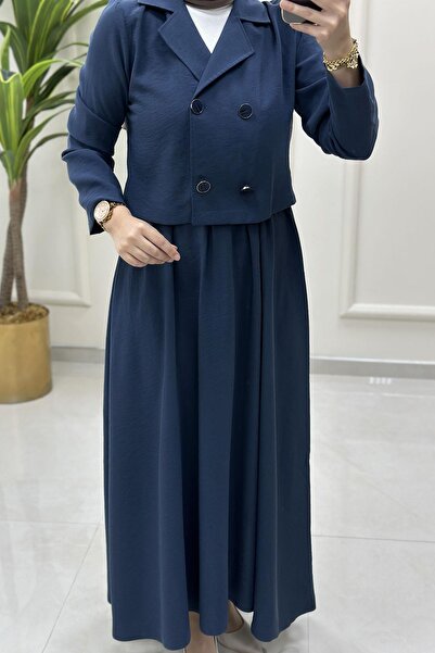 çınar özkan Kruvaze Yaka Ceket ve Kloş Etek Kadın İkili Takım İndigo CNR 2170