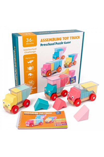 SARALMA Joc de logica si asamblare, Camioane si Cuburi din lemn, Montessori