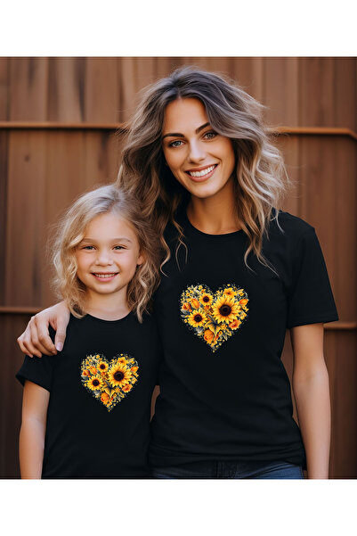 ASELİNDA Tricou combinat pentru mamă-fiu cu imprimeu de floarea soarelui inim...