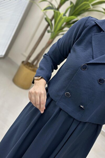 çınar özkan Kruvaze Yaka Ceket ve Kloş Etek Kadın İkili Takım İndigo CNR 2170