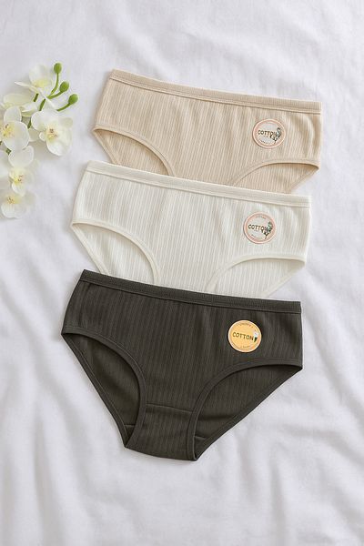 ROSAMİNA Set of 3 Women's Rib Fabric Cotton Bato Panties with Report - Breathable Comfortable Fabric
