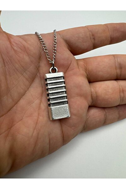 Herşey Nota Rectangular Striped Metal Detailed Necklace – Zamak Plated Unisex Modern Accessory with 60 cm Chain