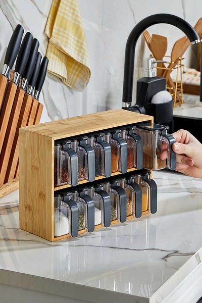 Bayev Wenken Bamboo Stand 12-Piece Spice Rack Set 3492 - Spice Set with Spoon and Lid