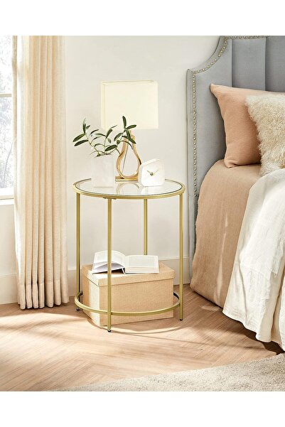 VASAGLE Round table, tempered glass with steel frame, bedside table, 50x50x55cm, gold