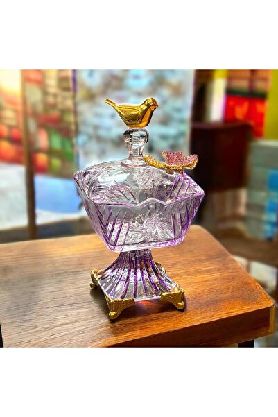 Diamond Porselen Mor Kristal Cam Şekerlik – Ayaklı, Kuş ve Kelebek Figürlü El...
