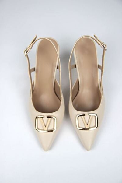 Gökhan Talay Claraa Beige Skin V Buckle Medium Heels (6-8 cm) Classic Heeled Shoes