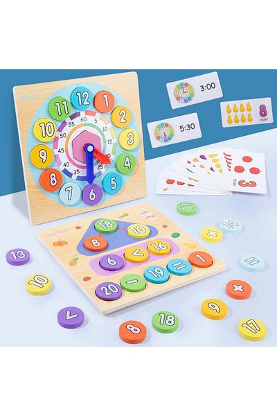 sallma Joc montessori 2 in 1 din lemn: ceas si joc de matematica