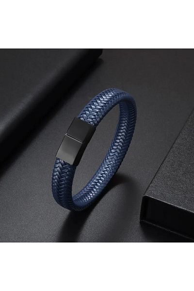 Choice A6783-Blue-18.5cm Trendy Single Layer Black Hand Woven Leather Bracelet with Metal Magnetic Closure