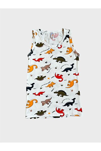 ALİŞ KİDS Boy's Cotton White Dinosaur Patterned 2-Piece Undershirt