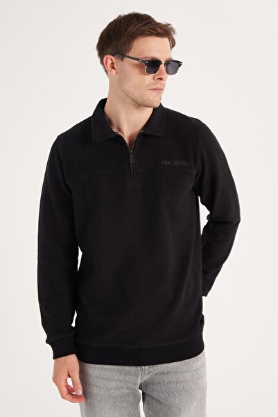 Tudors Мъжки стандартен фит от памук, плетен материал, поло с половин цип, черен суичър с принт.