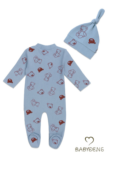 BABYDEN'S Mavi Ayıcık Desenli Patikli Tulum Şapka Takımı Yenidoğan Bebek Tulumu Pamuklu Düğmeli Fitilli Kumaş