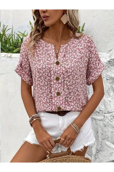 ALPACO بلوزة نسائية قصيرة الأكمام بياقة على شكل حرف V وتفاصيل أزرار ونقشة زهور - مجموعة