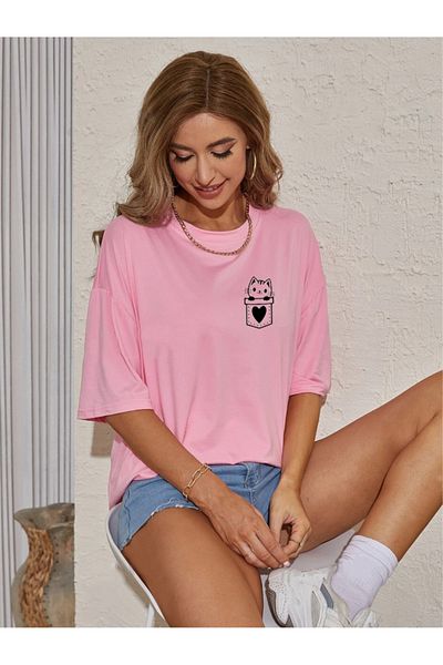OFFSIDESIGN Women's Unisex Oversize Combed Cotton T-Shirt Cat Heart Pocket Minimal Design Printed Women's T-Shirt Short Sleeve