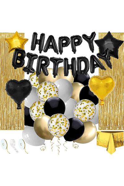 SERSIMO Set 46 baloane si decoratiuni, Happy Birthday, incluse fata de masa si perdea negru auriu