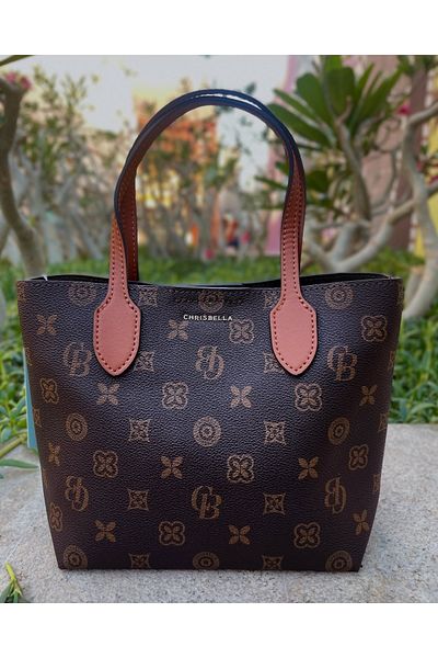 Chrisbella Designer Tote Bag, Monogram Pattern with Leather Handles
