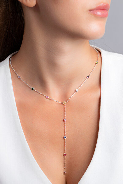 Elika Silver 925 Ayar Gümüş Renkli Zirkon Taşlı Y Kolye