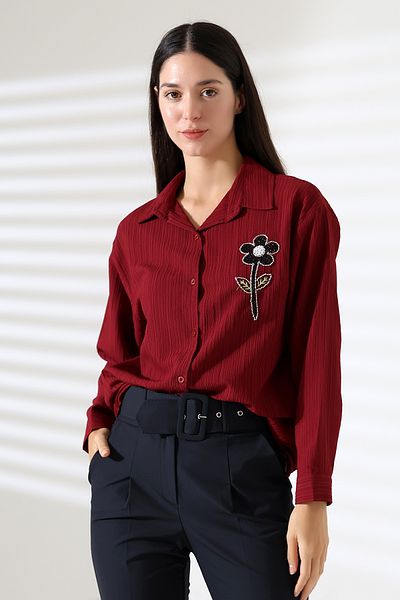 DEMET Ribbed Long Sleeve Durres Textured Flower Pearl Cool Fabric Women's Shirt