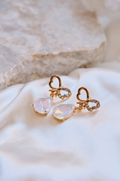 AURRARİ Kelebek Tasarım Damla Şeffaf Zirkon Taşlı Sallantılı Çelik Küpe