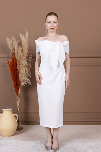 BEYBOS Atlas Kumaş Yakası Kurdale Detaylı Kalem Elbise - BEYAZ