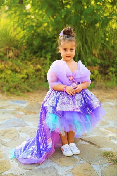 sara tasarım Eriel Kız Çocuk için Lila Mor Deniz Kızı Kuyruklu Prenses Kostüm