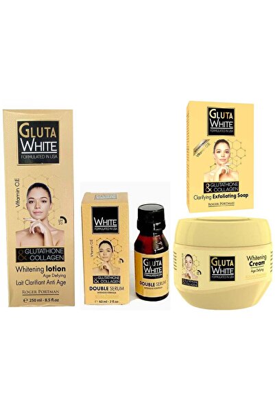 GLUTA WHITE لوشن الجلوتاثيون والكولاجين + سيروم + كريم + صابون (مجموعة من 4 قطع)