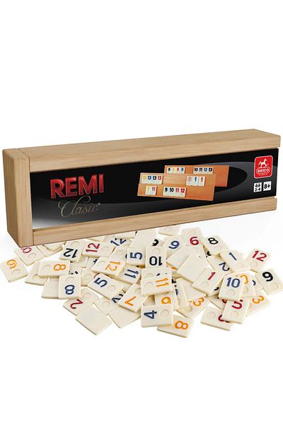 SARALMA Joc de societate Remi/Rummy din Lemn masiv si piese de piatra/os, 4 table de joc, Deico