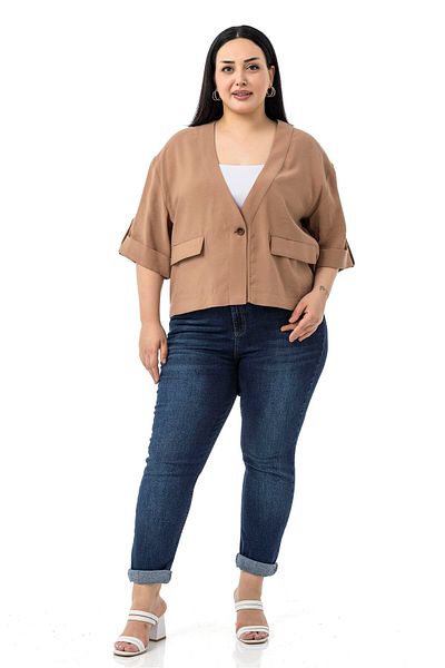 DISENTIS MODEST Plus Size One Button Short Cinnamon Jacket with Low Half Sleeves Epaulets Pockets