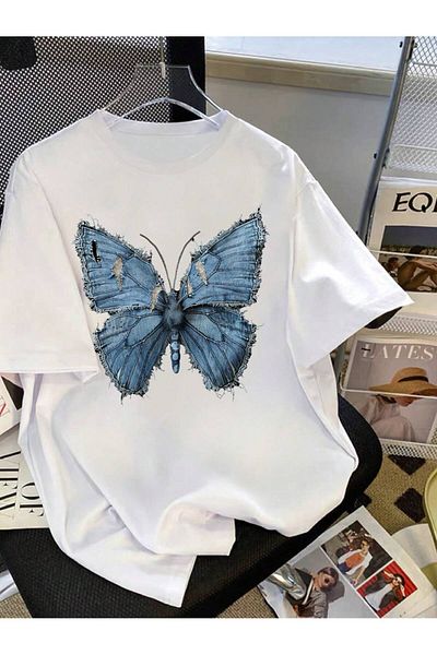 aynewmoda Tricou confortabil cu mânecă scurtă și gât rotund cu imprimeu fluture pentru adolescente