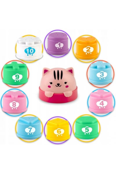 Ricokids Set of 10 Bath Toys Pastel multicolor, multifunctional T-shaped bath toy cups