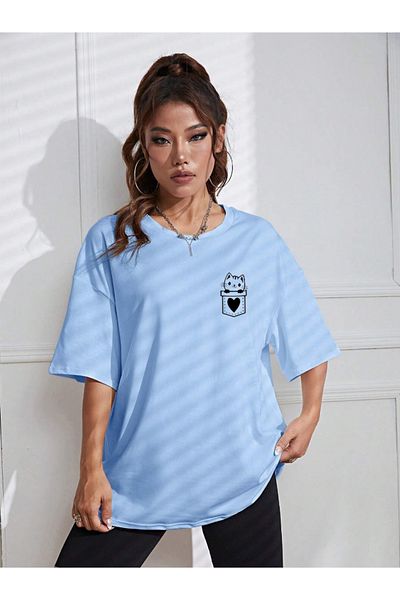 OFFSIDESIGN Women's Unisex Oversize Combed Cotton T-Shirt Cat Heart Pocket Minimal Design Printed Women's T-Shirt Short Sleeve