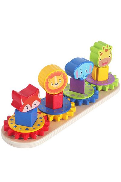 sallma Joc Montessori de stivuire forme din lemn 4 Piramide cu animale si roti zimtate