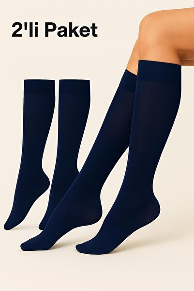 DÜVEN Комплект от 2 дамски чорапи под коляното, средно дебели, микро 40 Denier, тъмносини матови чорапи от мус