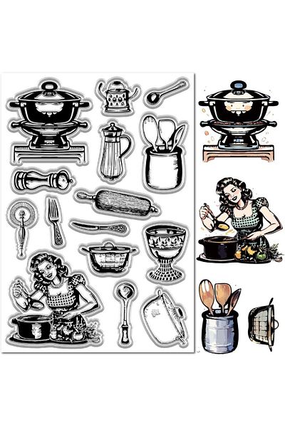 Choice AECH08-05586 Kitchen Clear Stamps Pot Fork Spoon Kettle Women Cook Tools Silicone Stamp Reusable Vin