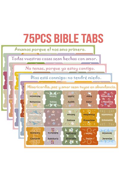 Choice 75Spanish-story 75pcs Spanish Laminated Bible Tabs, pestañas para biblia en español, Reposition Larg