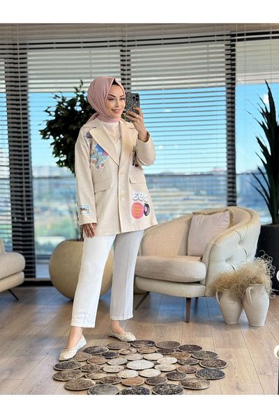 ALANURMODA 33162 Stone and Print Detailed Jacket