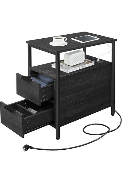 VASAGLE Noptiera 60x35x61 cm, cu 2 sertare, rafturi si priza incorporata, PAL si otel, negru