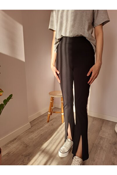 ALVWOMAN بنطلون أسود مطاطي مع شقوق في الأرجل