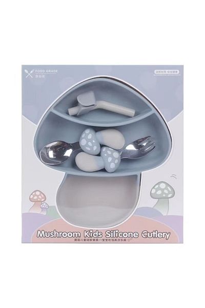 Briggs Set de diversificare pentru bebeluși, silicon, 18 x 19,5 cm, farfurie în formă de ciupercă, lingură, furculiță, pai, pai B