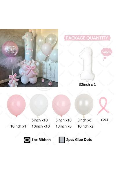 Choice 32inch 250412A06-1 54pcs Pink Bow Balloon Column 32inch White Foil Balloon Girl Princess 1st Birthda