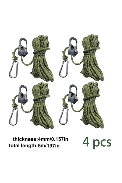 Choice 4 قطع من حبل ربط التخييم بطول 5 أمتار باللون الأخضر العسكري، منظم حبل ...